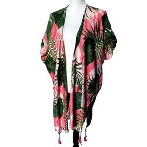 NORTH BOHEME Pink Green Tropical Palm Floral Swim Cover Up Kaftan Kimono Tassels